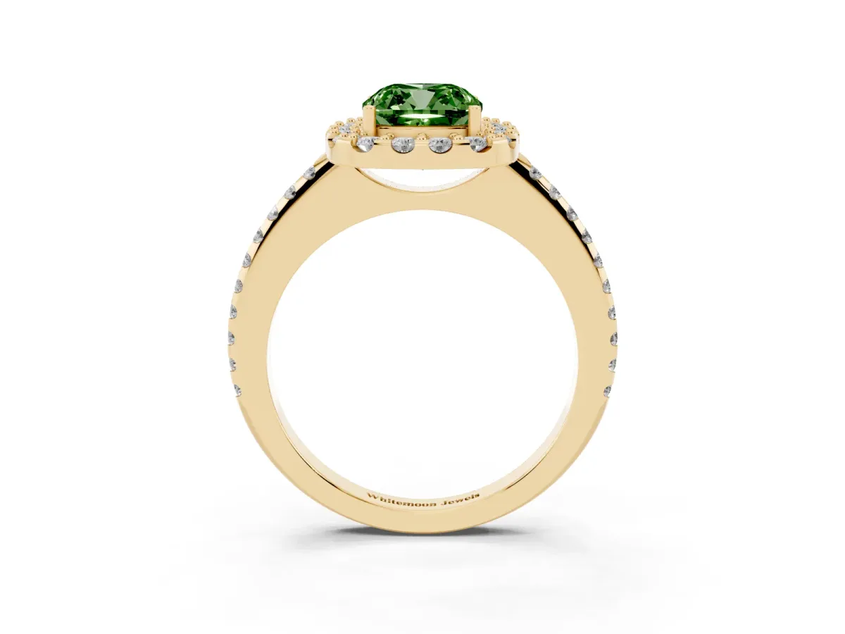 Fancy Green Cushion Cut Diamond Pavé Halo Ring with Four-Prong Setting Yellow gold