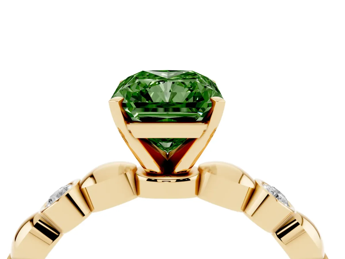Fancy Green Radiant Cut Solitaire Bezel-Set Diamond Ring with Beaded Band and Four-Prong Setting Yellow gold