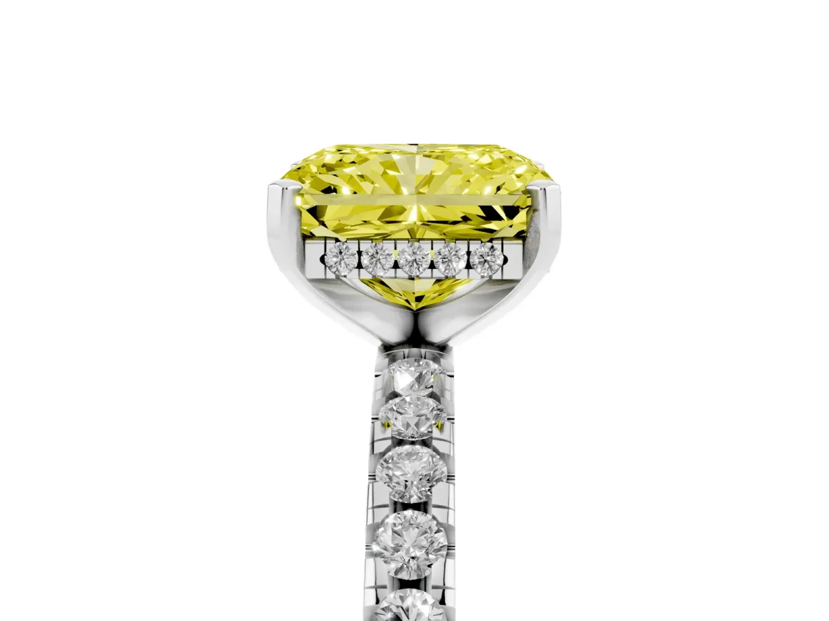 Fancy Yellow Radiant Cut Diamond Solitaire Ring with Round Pavé Band and Four-Prong Setting Silver