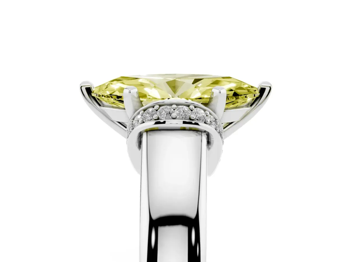 Fancy Yellow Marquise Cut Solitaire Diamond Ring with Pave Band and Six-Prong Setting Silver