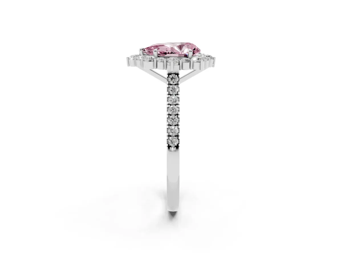 Fancy Pink Pear Cut Halo Diamond Ring with Pavé Band and Prong Setting Silver