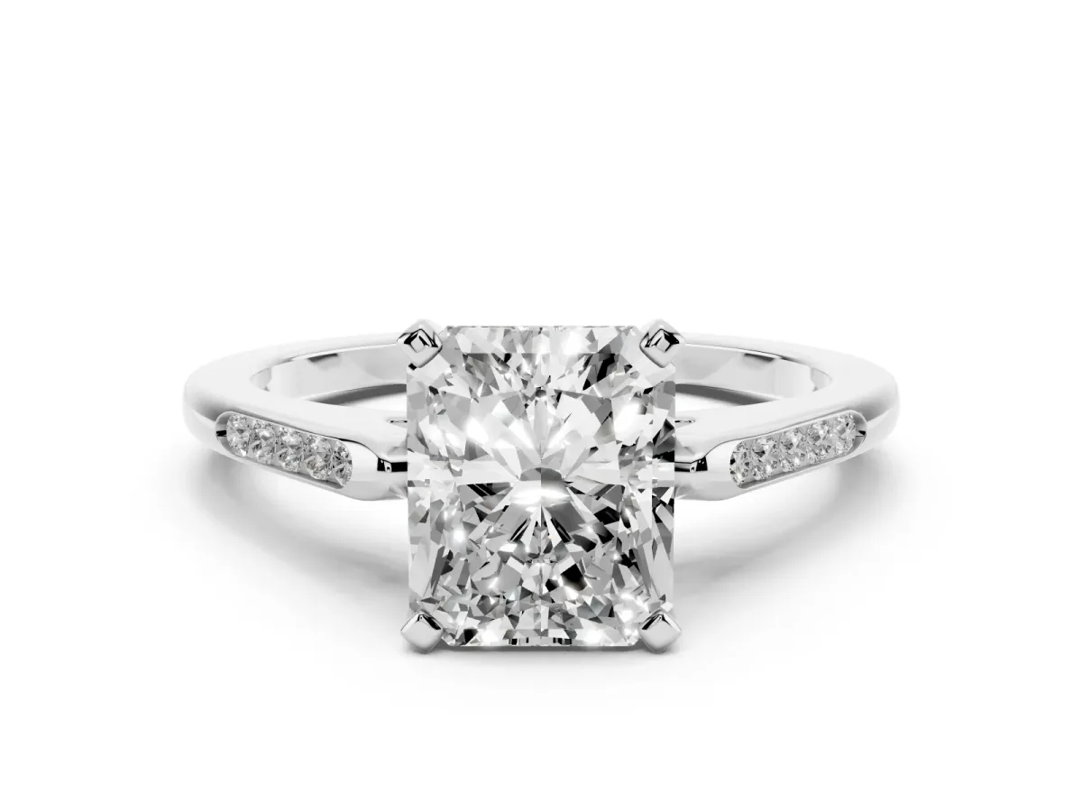 Radiant Cut Diamond Solitaire Ring with Channel Set Round Band and Prong Setting Silver
