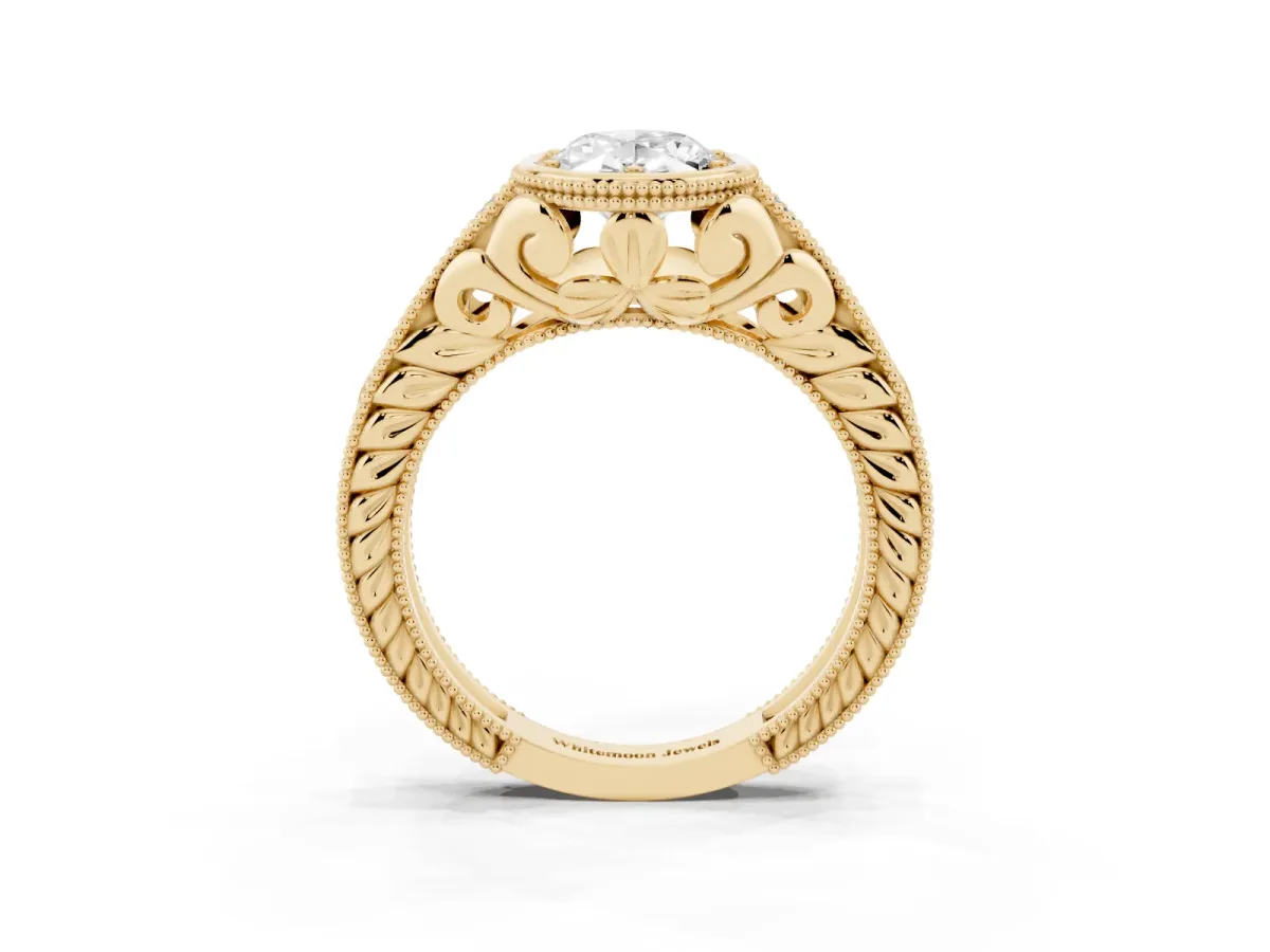 Bezel Set Oval Cut Diamond Milgrain Pave Engagement Ring Yellow gold