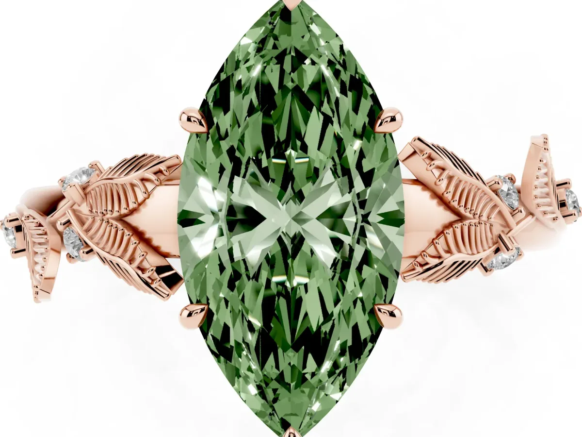 Fancy Green Marquise Cut Diamond Solitaire Ring with Leaf Motif Band and Four-Prong Setting Rose gold