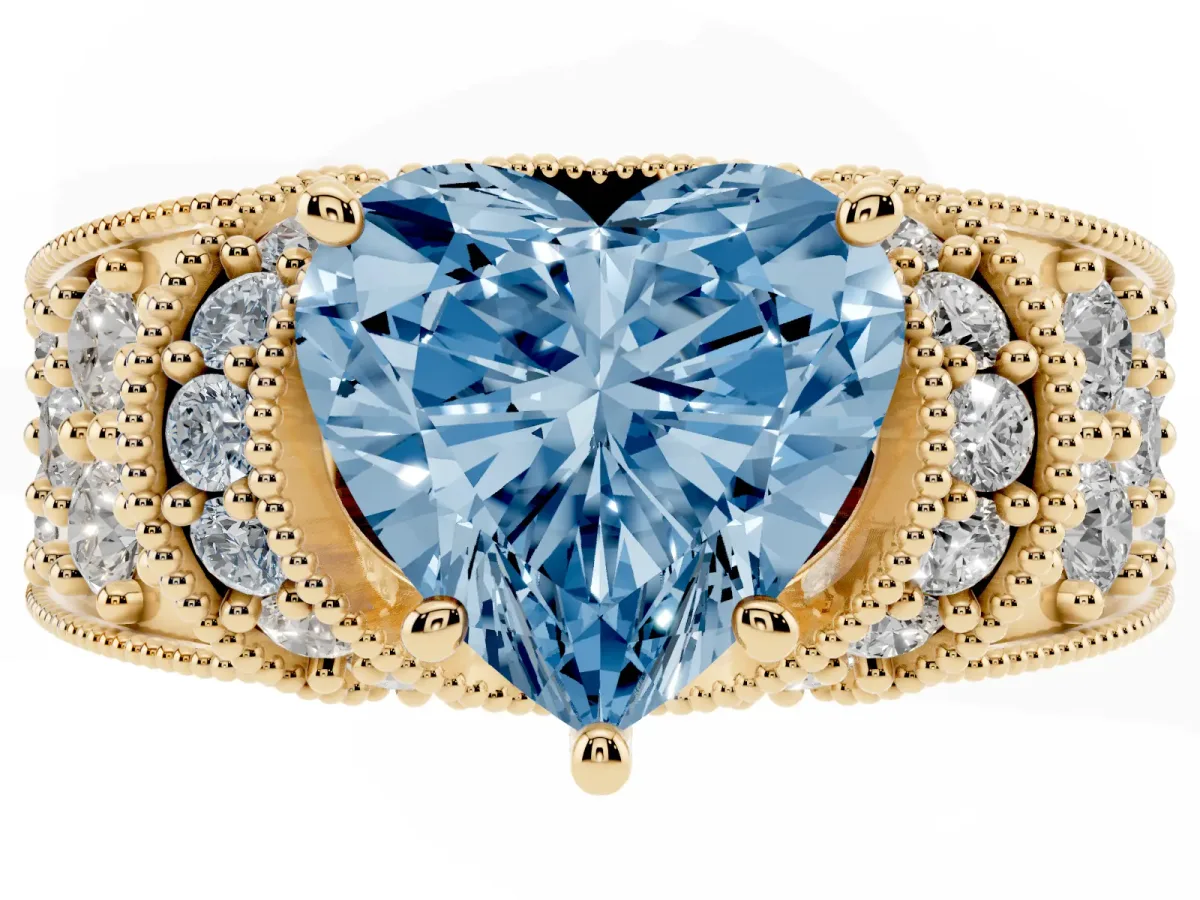 Fancy Blue Heart Cut Halo Pave Diamond Engagement Ring with Milgrain Detailing Yellow gold
