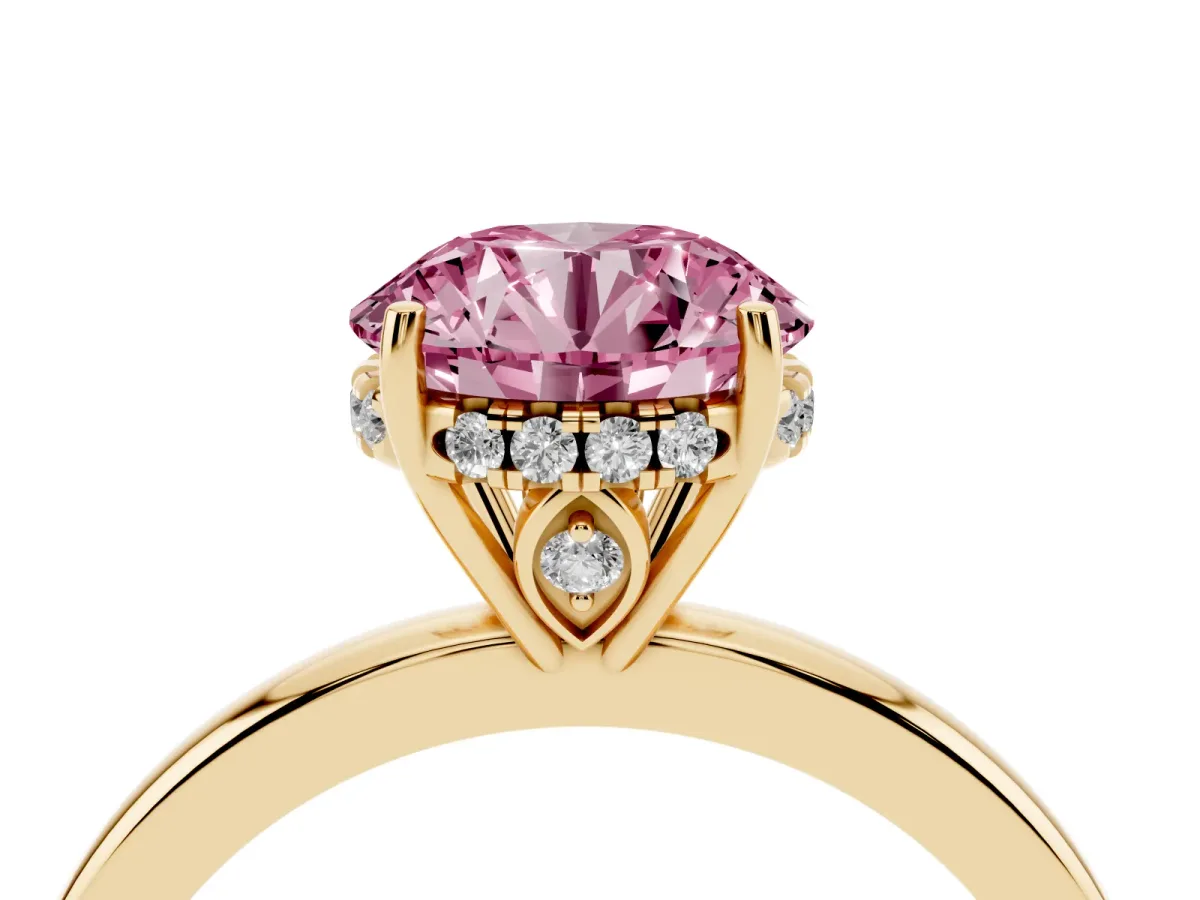 Fancy Pink Round Cut Solitaire Diamond Ring with Prong Setting and Plain Band Yellow gold