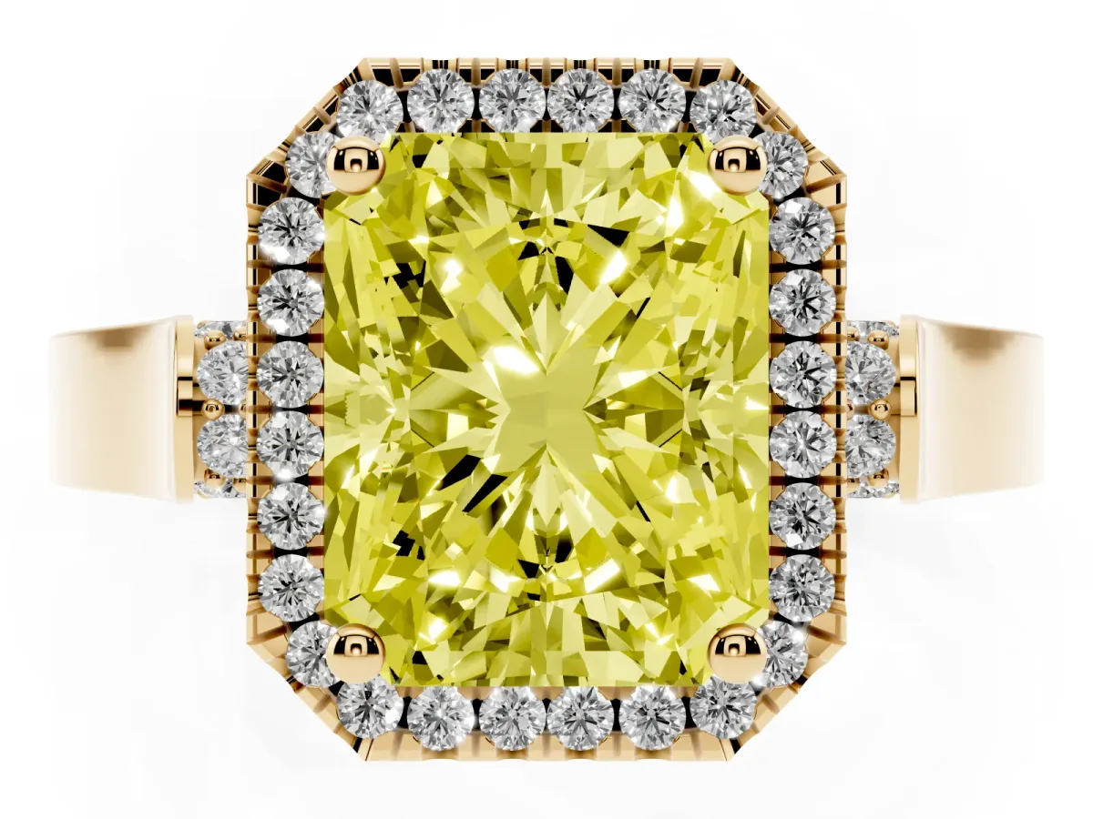 Fancy Yellow Radiant Cut Halo Pave Split Shank Prong Setting Ring Yellow gold