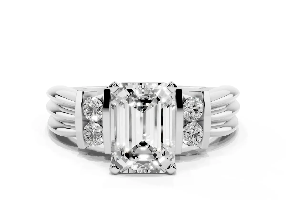 Emerald Cut Cut Three-Stone Channel Set Ring with Bar Prongs Platinum
