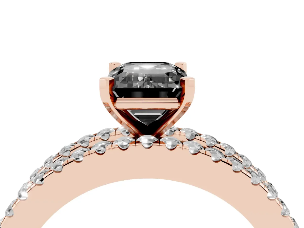 Fancy Black Emerald Cut Diamond Solitaire Ring with Pavé and Channel Set Band Rose gold