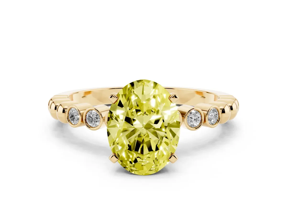 Fancy Yellow Oval Cut Solitaire Bezel Accent Diamond Engagement Ring with Beaded Band and Four-Prong Setting Yellow gold