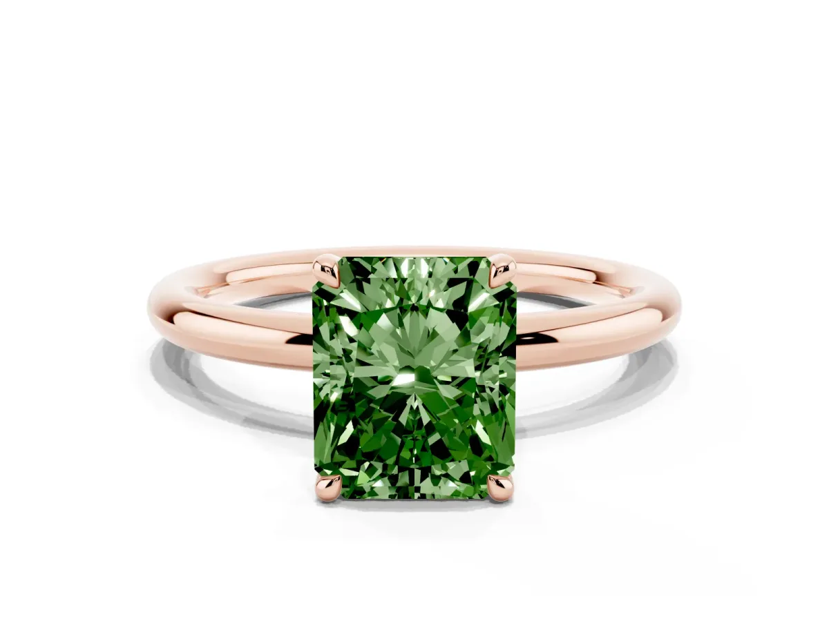 Fancy Green Radiant Cut Diamond Solitaire Ring with Thin Band and Four-Prong Setting Rose gold
