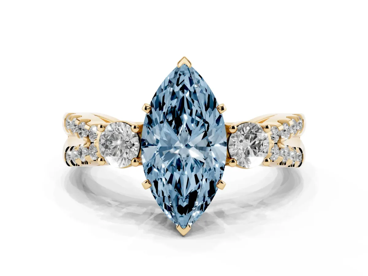 Fancy Blue Marquise Cut Diamond Three-Stone Ring with Pavé Split Shank and Four-Prong Setting Yellow gold
