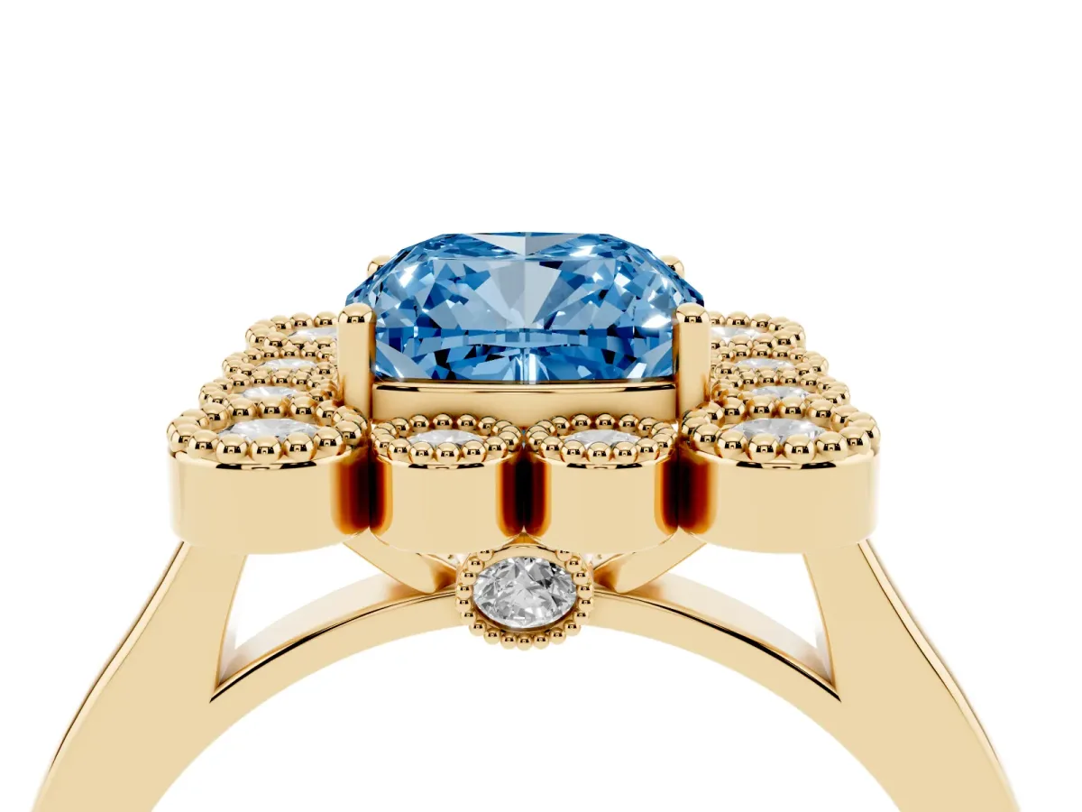 Fancy Blue Cushion Cut Halo Diamond Cluster Engagement Ring with Milgrain Bezel Setting and Solitaire Band Yellow gold