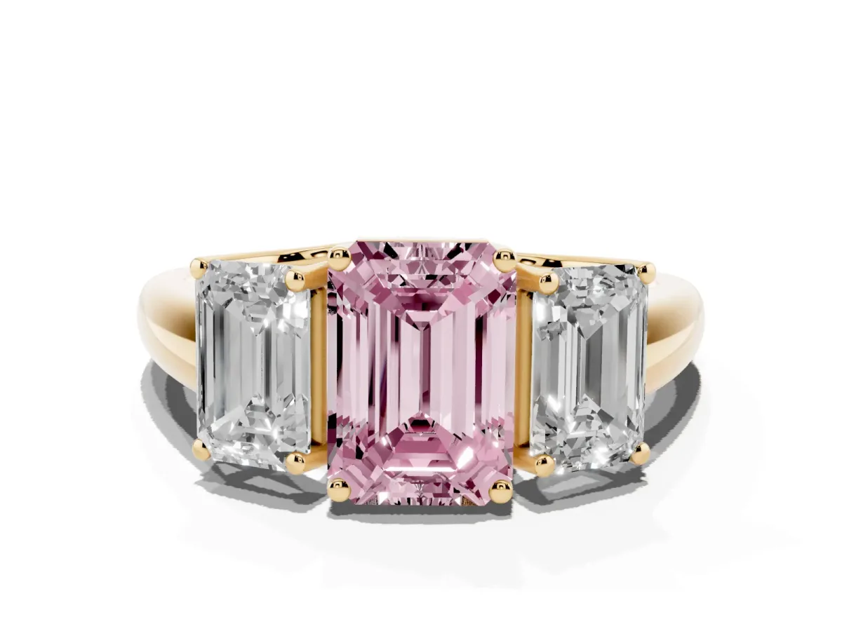 Fancy Pink Three-Stone Emerald Cut Diamond Engagement Ring with Prong Setting Yellow gold