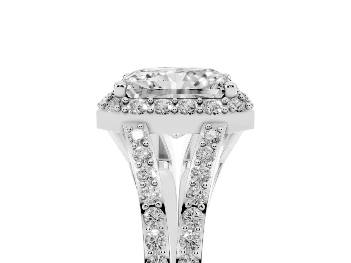 Radiant Cut Halo Split Shank Diamond Ring with Prong Setting Silver