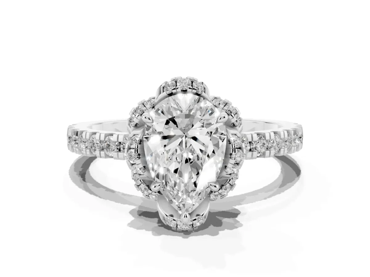 Pear Cut Diamond Halo Pave Band with Four-Prong Setting Silver