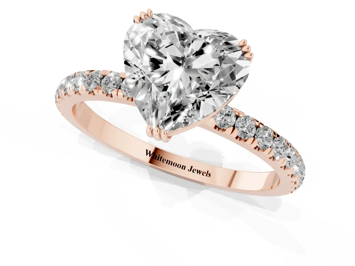 Heart Cut Brilliant Solitaire with Pavé Band and Claw Prong Setting Rose gold