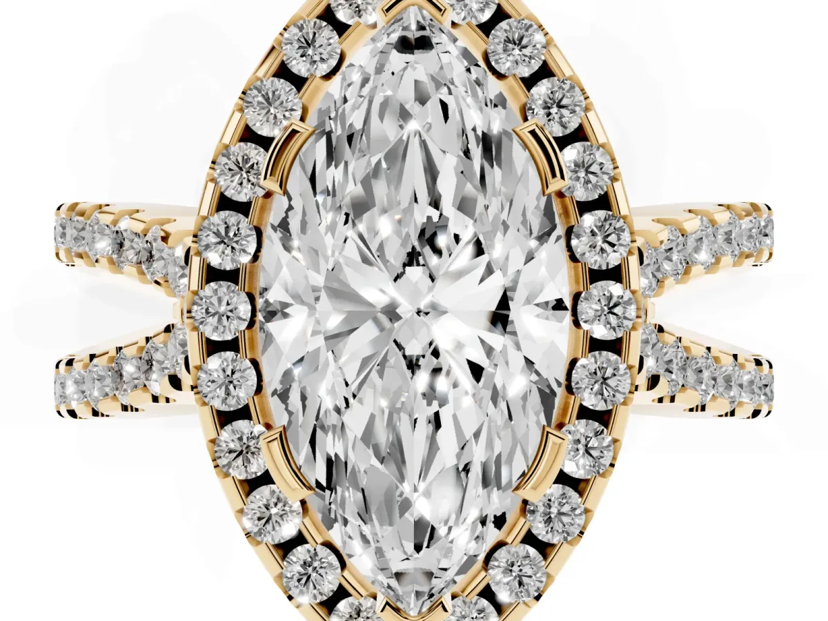 Marquise Cut Diamond Halo Ring with Split Shank Pavé Band and Prong Setting Yellow gold