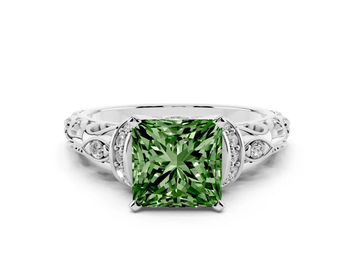 Fancy Green Princess Cut Diamond Solitaire Ring with Filigree Band and Four-Prong Setting Silver
