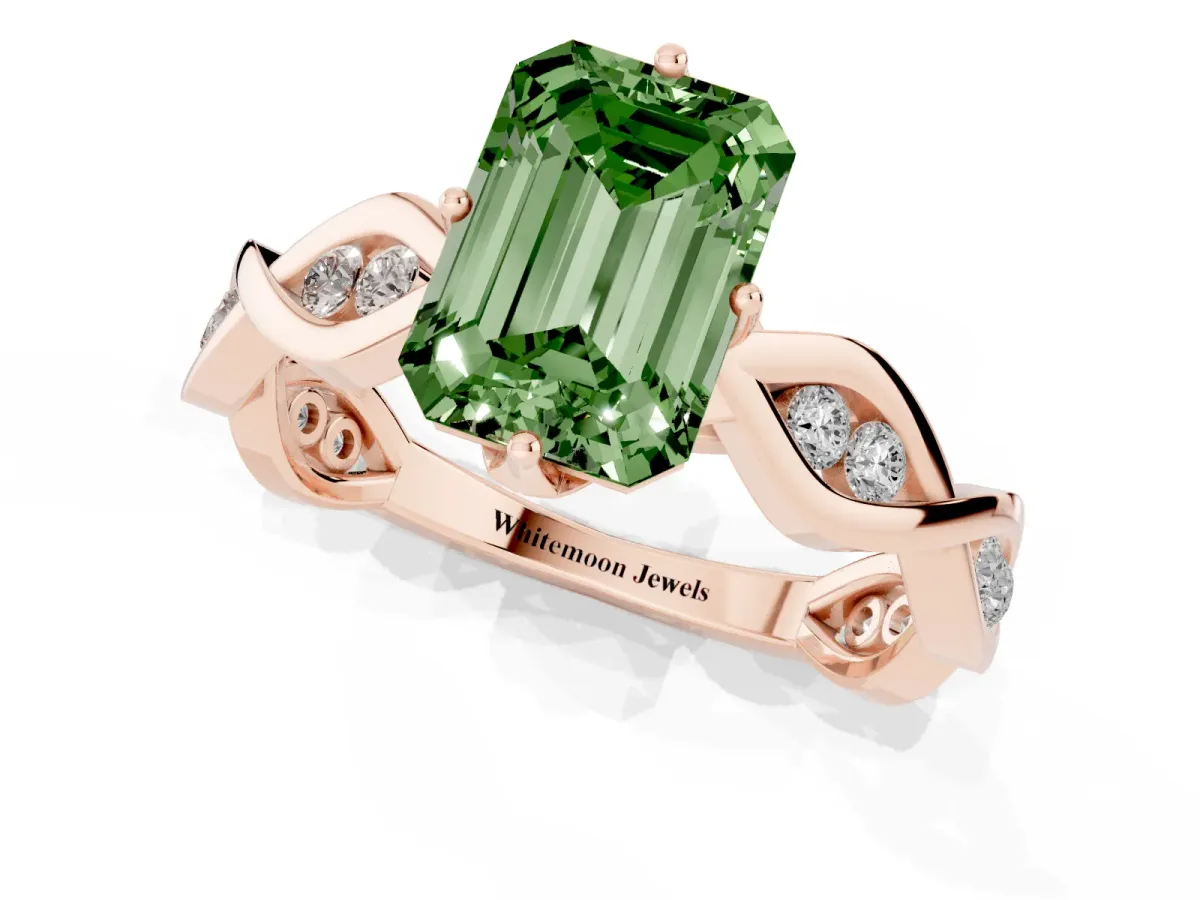 Fancy Green Emerald Cut Solitaire Twist Band with Leaf Prong Setting Rose gold
