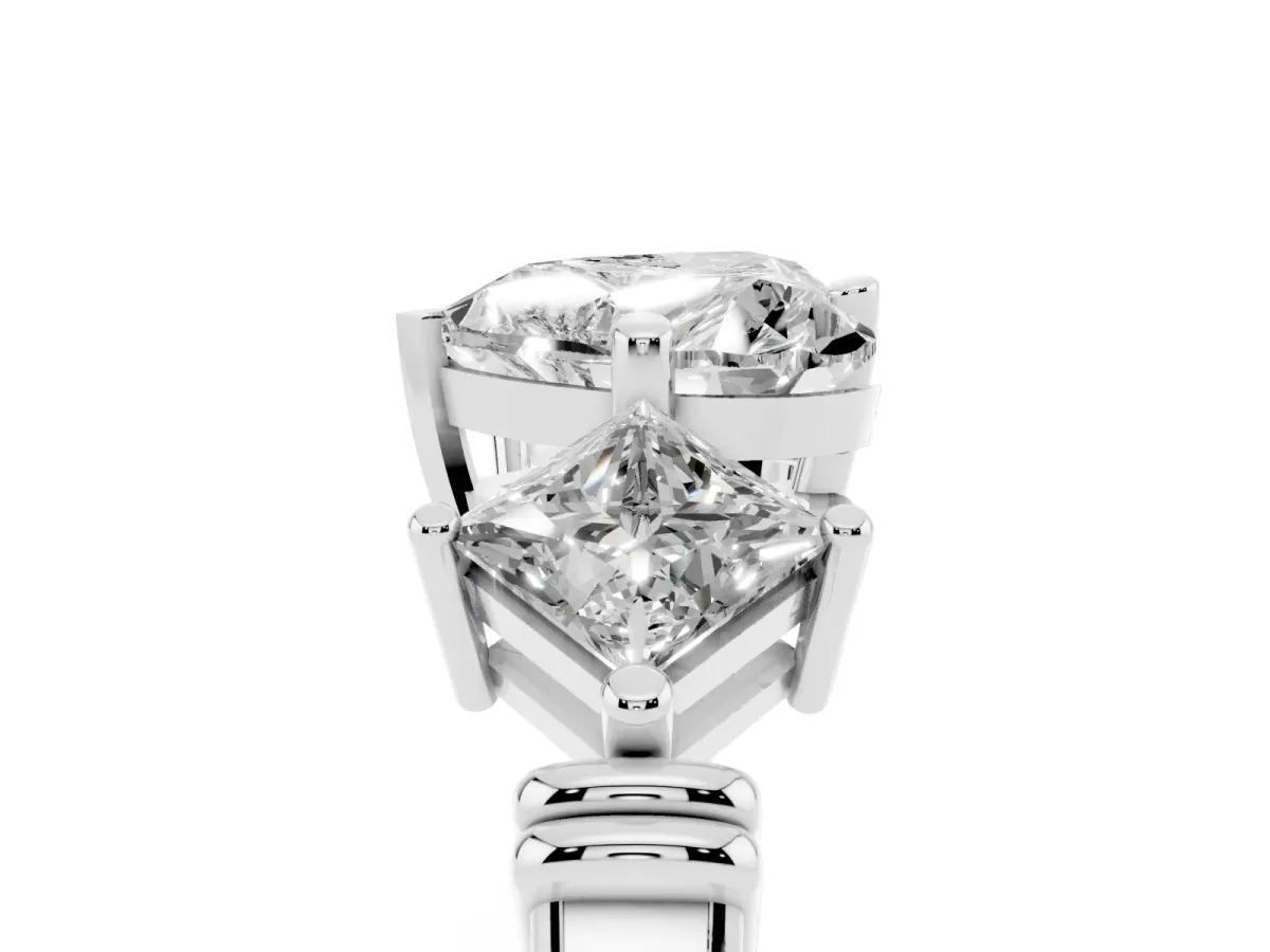 Three-Stone Heart Cut and Princess Cut Diamond Ring with Channel Band and Four-Prong Setting White gold