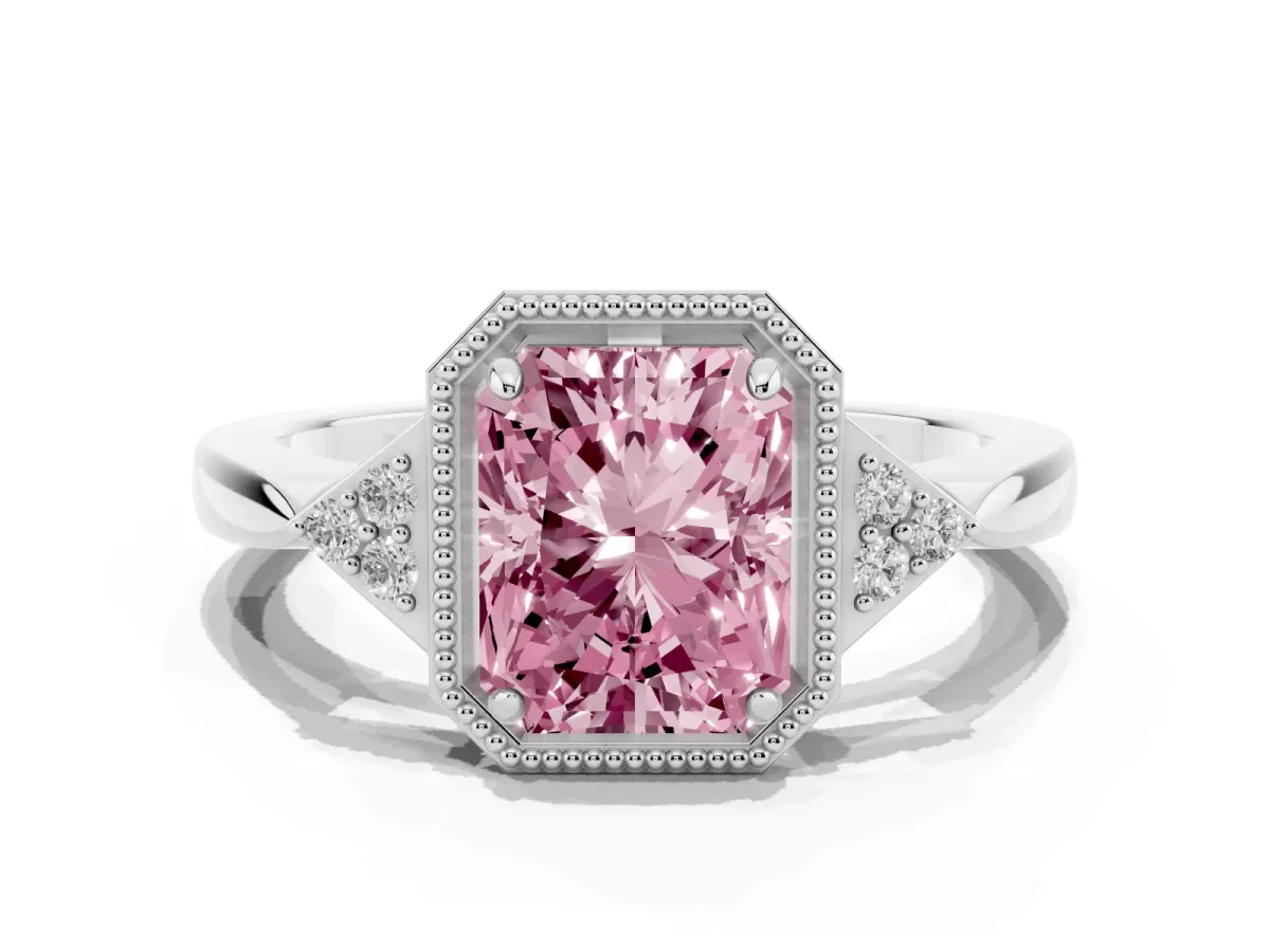 Fancy Pink Radiant Cut Diamond Halo Ring with Tapered Band and Four-Prong Setting White gold