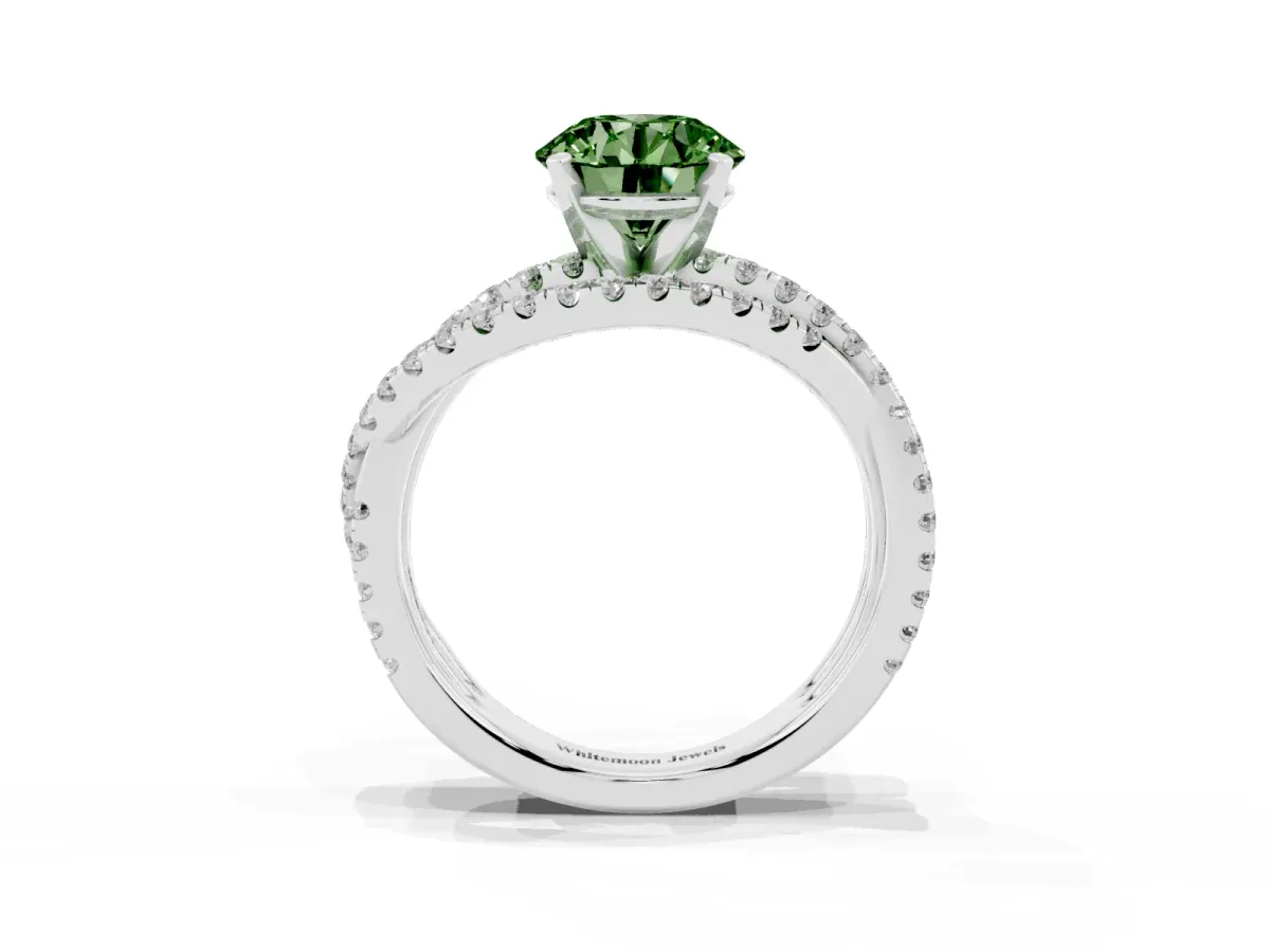 Fancy Green Round Cut Solitaire Twist Band with Pavé Setting and Four-Prong Setting Silver
