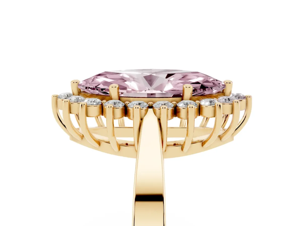Fancy Pink Marquise Cut Cut Diamond Halo Ring with Round Brilliant Halo and Solitaire Band Yellow gold