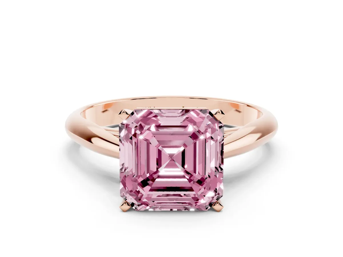 Fancy Pink Asscher Cut Diamond Solitaire Engagement Ring with Cathedral Setting and Four-Prong Mount Rose gold
