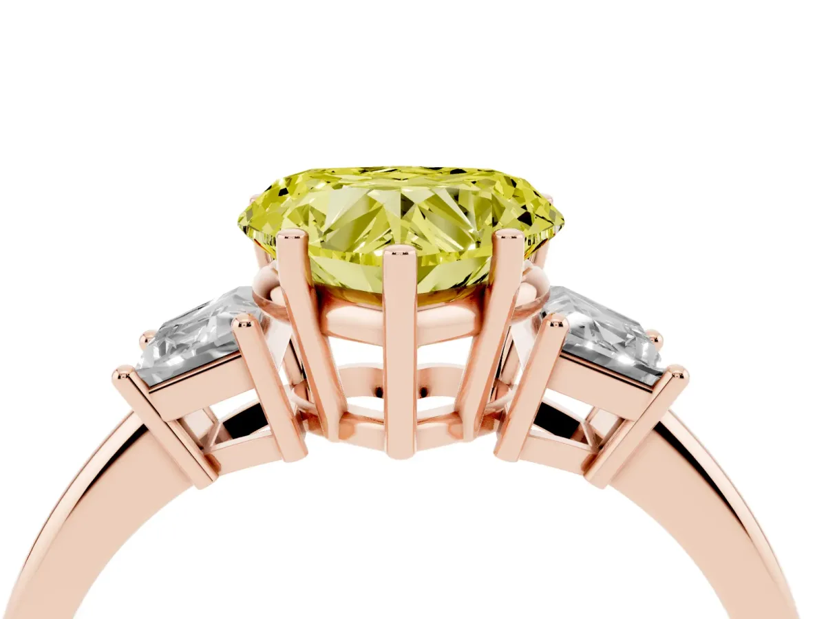 Fancy Yellow Heart Cut Diamond Three-Stone Ring with Trapezoid Side Stones and Prong Setting Rose gold