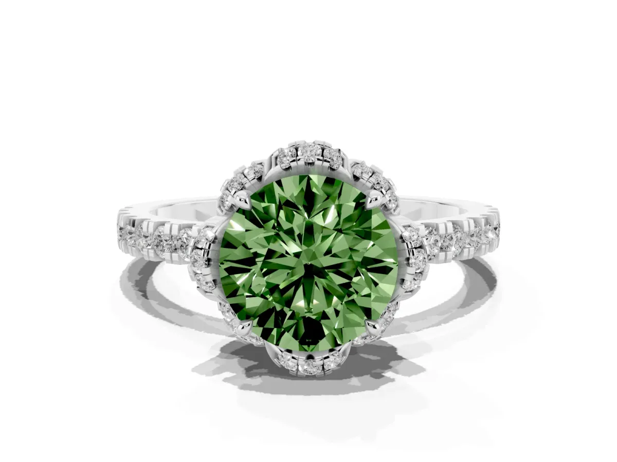 Fancy Green Round Cut Diamond Halo Pave Band with Four-Prong Setting Silver