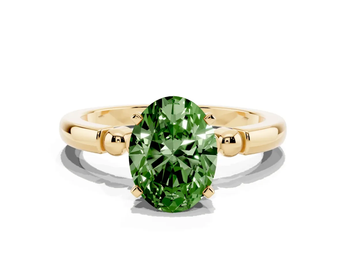 Fancy Green Oval Cut Solitaire Beaded Band with Four-Prong Setting Yellow gold