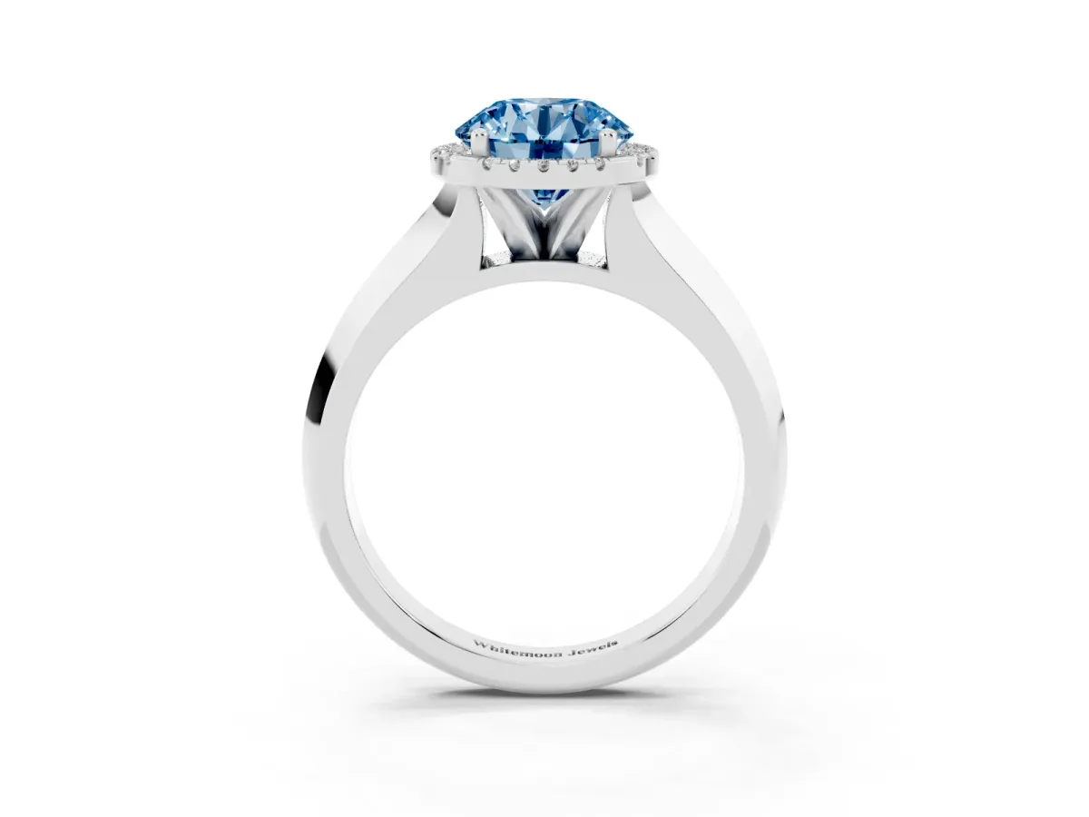 Fancy Blue Round Cut Halo Diamond Ring with Cathedral Band and Four-Prong Setting Platinum