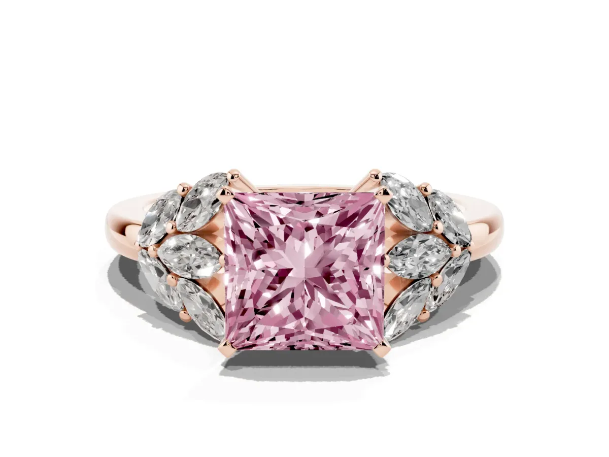 Fancy Pink Princess Cut Diamond Cluster Leaf Design Ring with Prong Setting Rose gold