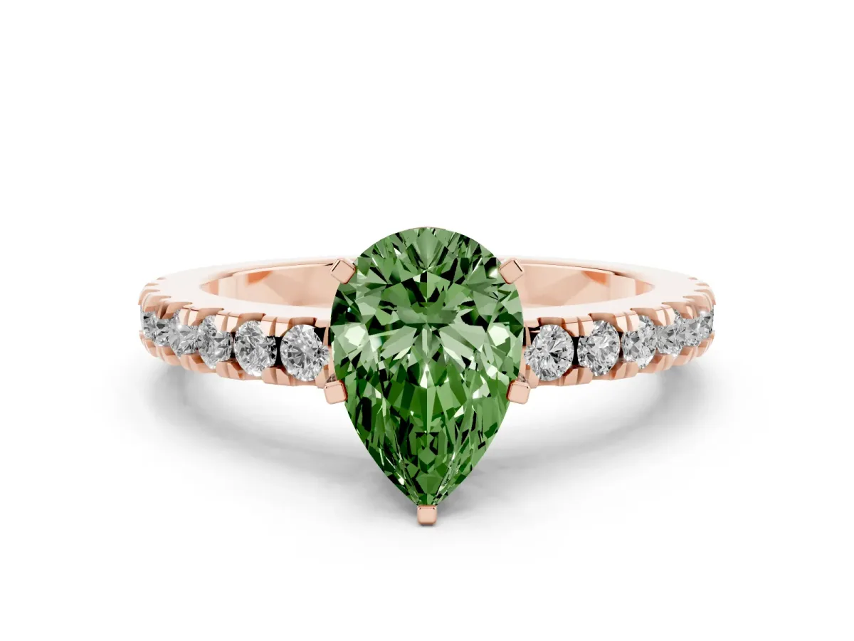 Fancy Green Pear Cut Solitaire Diamond with Pavé Band and Four-Prong Setting Rose gold