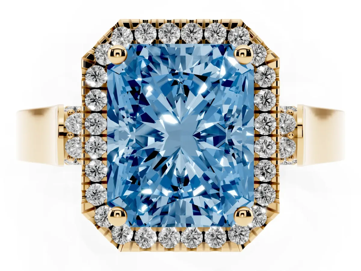 Fancy Blue Radiant Cut Halo Round Diamond Twist Band with Four-Prong Setting Yellow gold