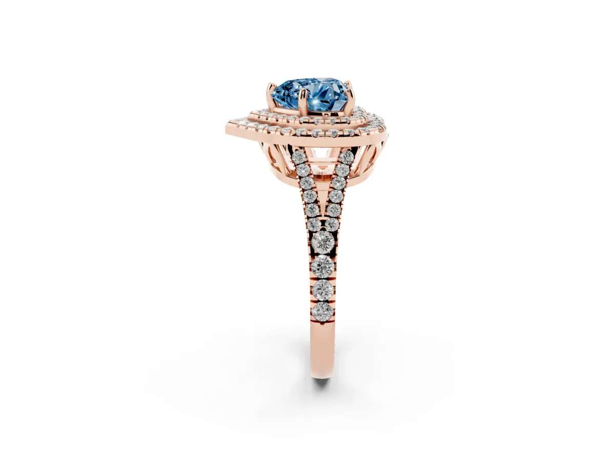 Fancy Blue Heart Cut Diamond Double Halo Ring with Pavé Band and Prong Setting Rose gold