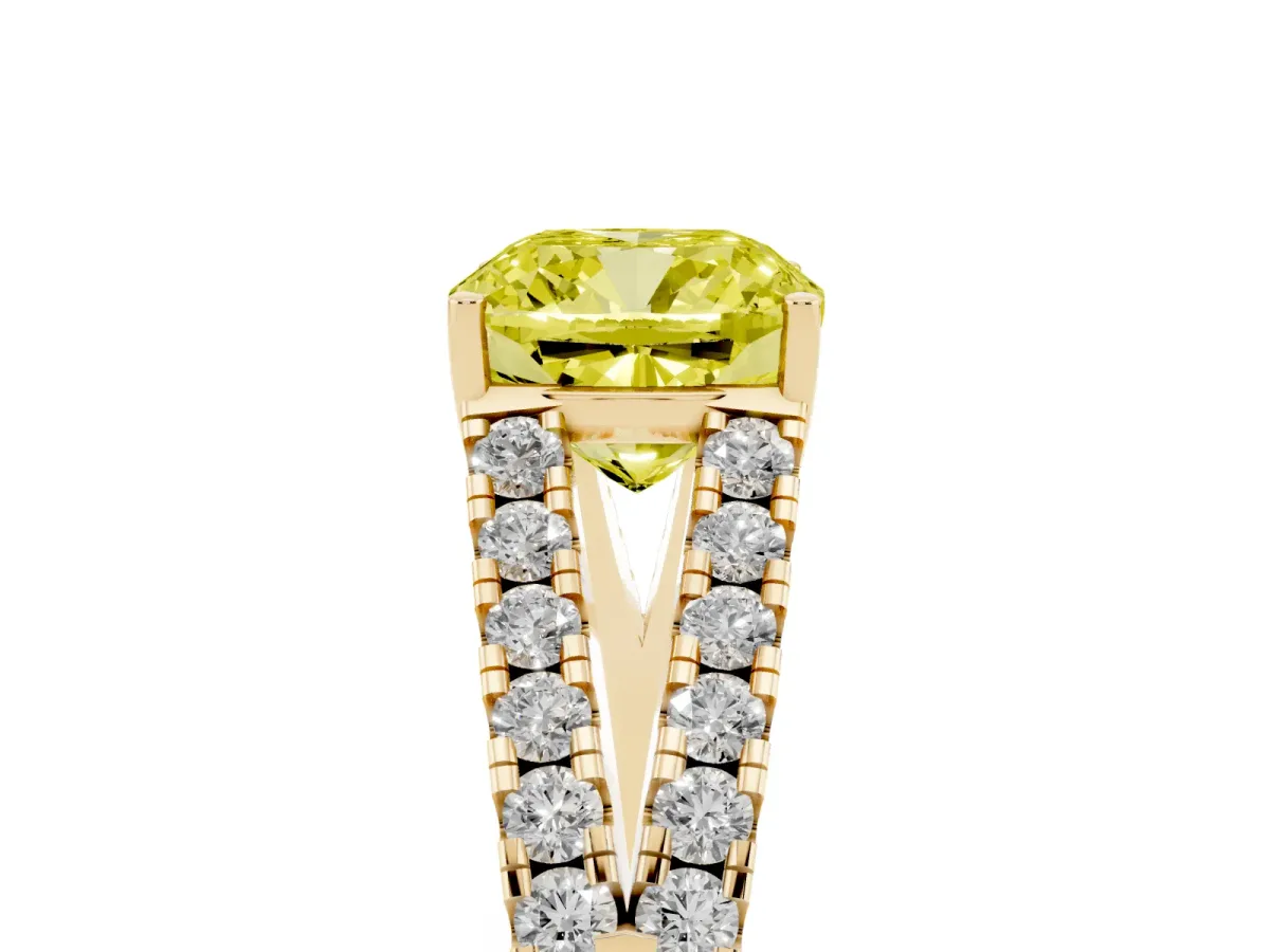 Fancy Yellow Cushion Cut Diamond Split Shank Engagement Ring with Round Pavé and Prong Setting Yellow gold