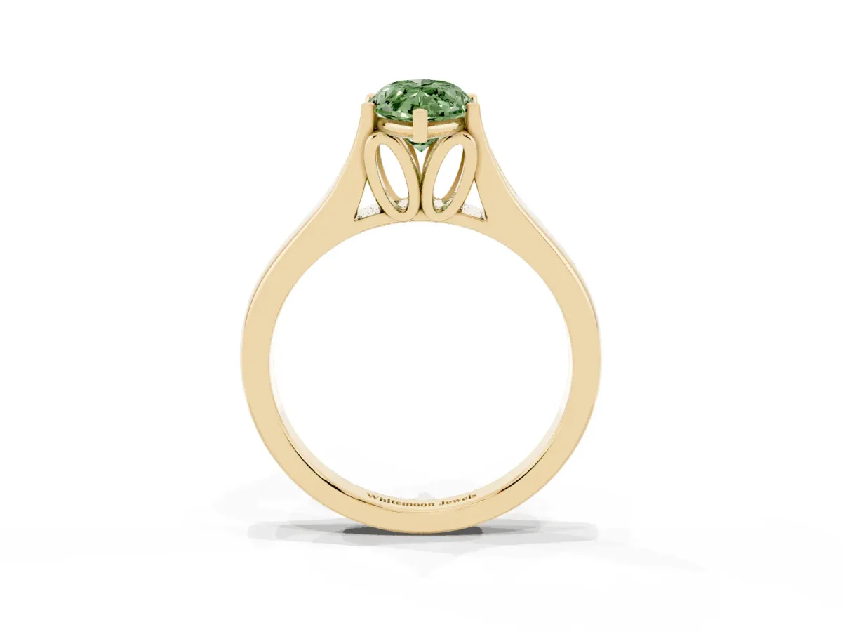 Fancy Green Marquise Cut Solitaire Diamond Ring with Cathedral Band and Four-Prong Setting Yellow gold