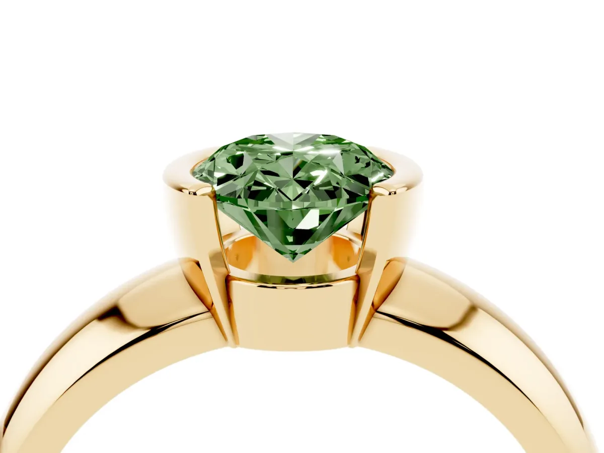 Fancy Green Oval Cut Solitaire Tension Set Diamond Ring with Wide Band Yellow gold