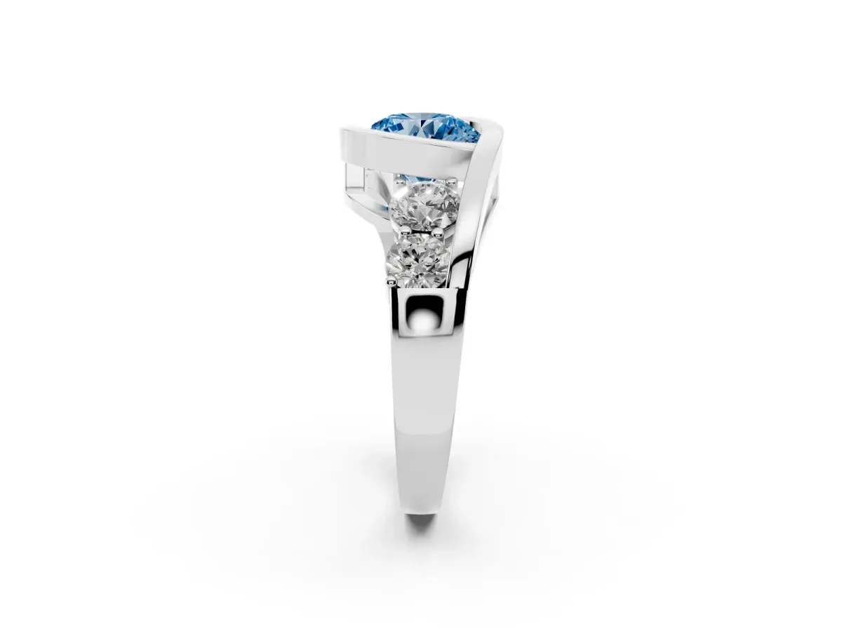Fancy Blue Bezel Set Round Cut Diamond Bypass Ring with Round Accents Platinum