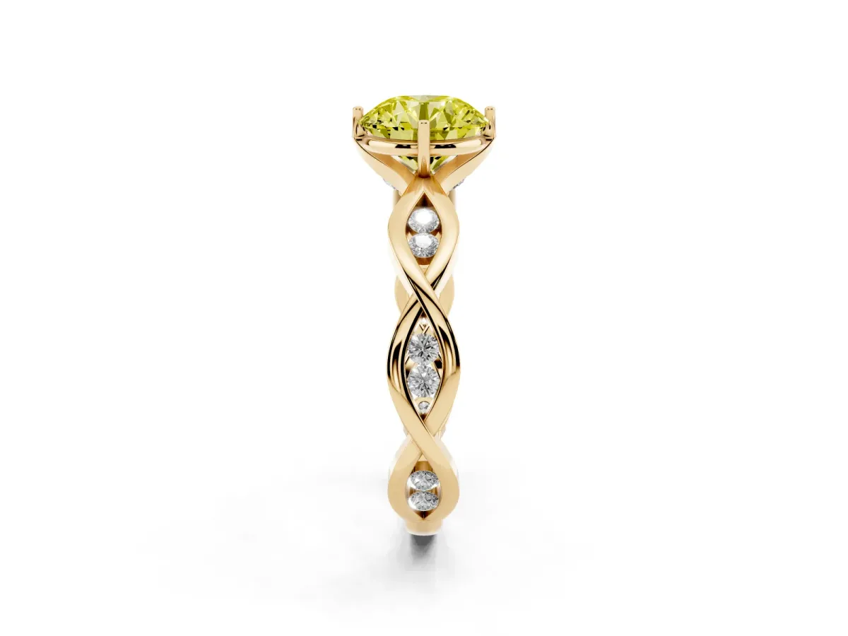 Fancy Yellow Round Cut Solitaire Twist Band with Leaf Prong Setting Yellow gold