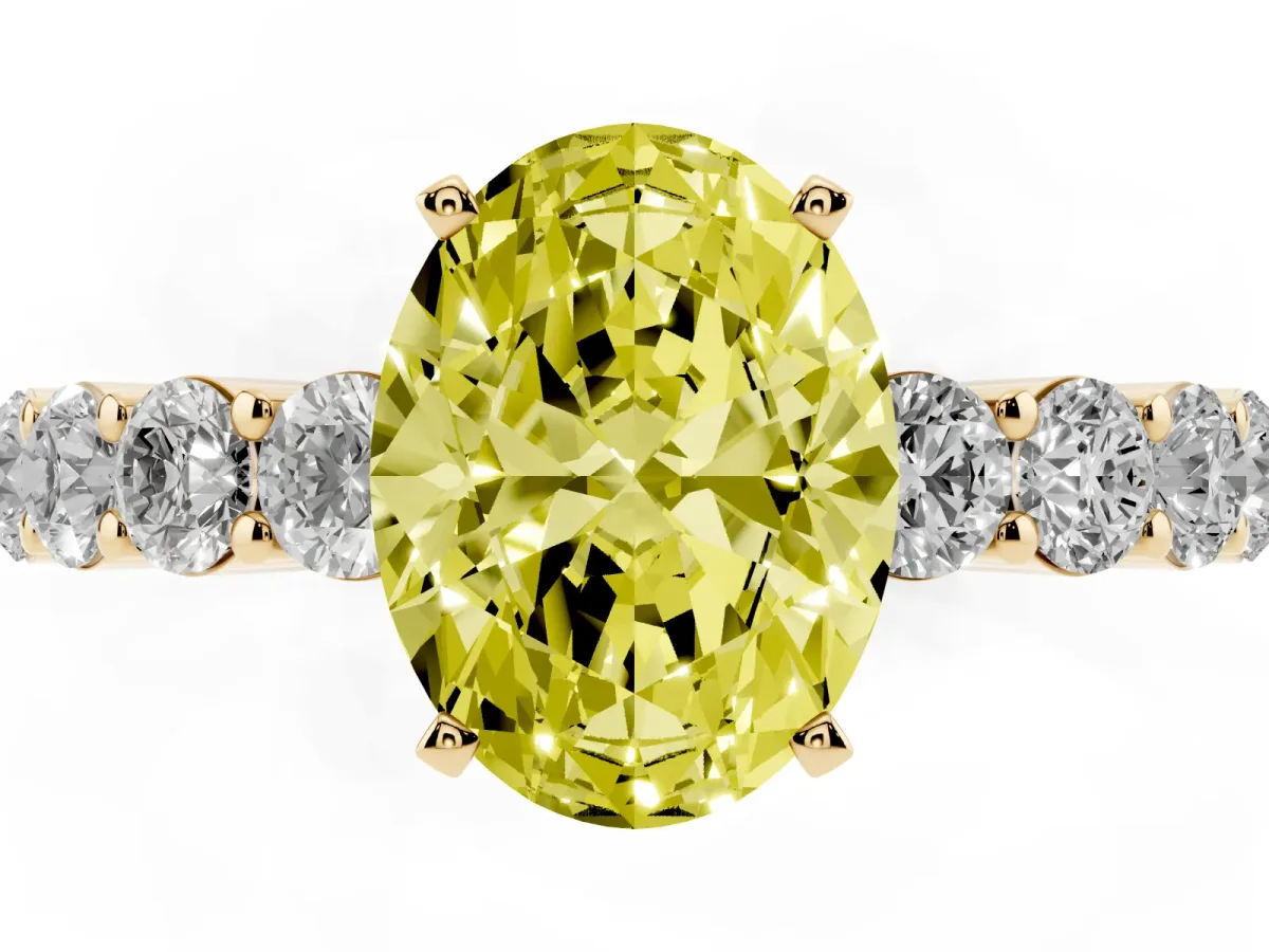 Fancy Yellow Oval Cut Diamond Solitaire Ring with Shared Prong Round Side Stones Yellow gold