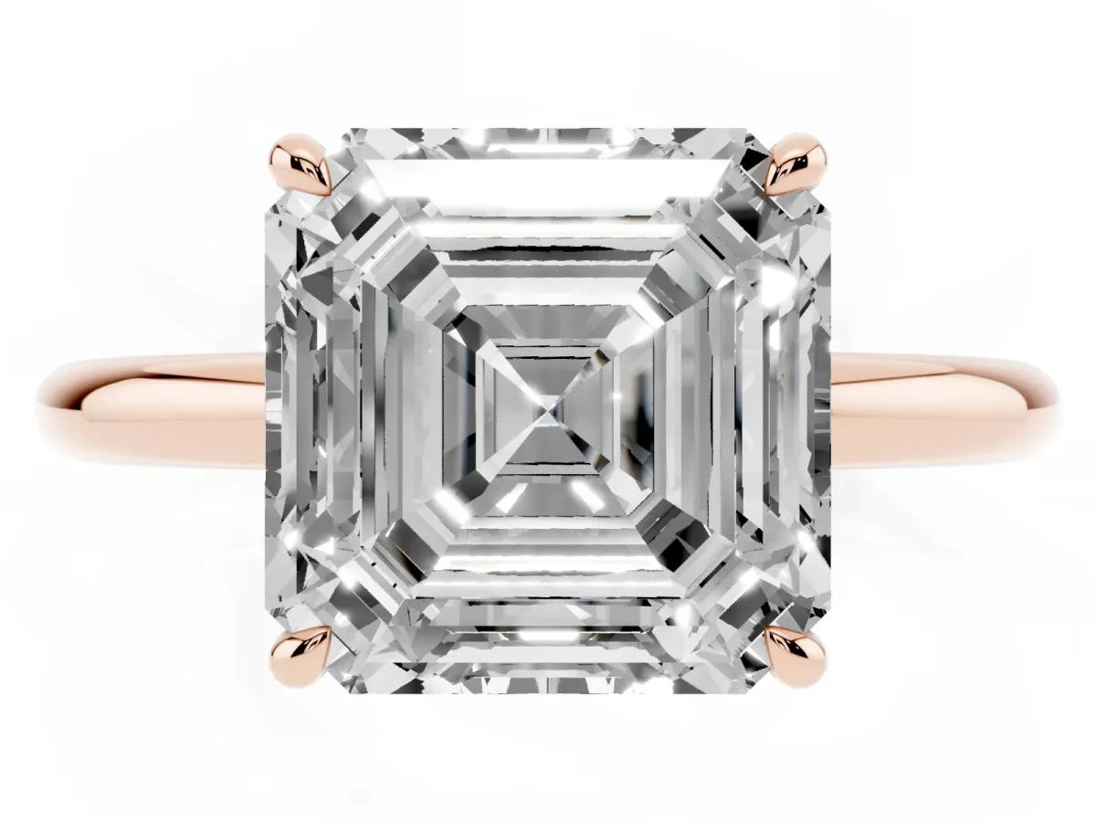 Asscher Cut Diamond Solitaire Ring with Thin Band and Four-Prong Setting Rose gold