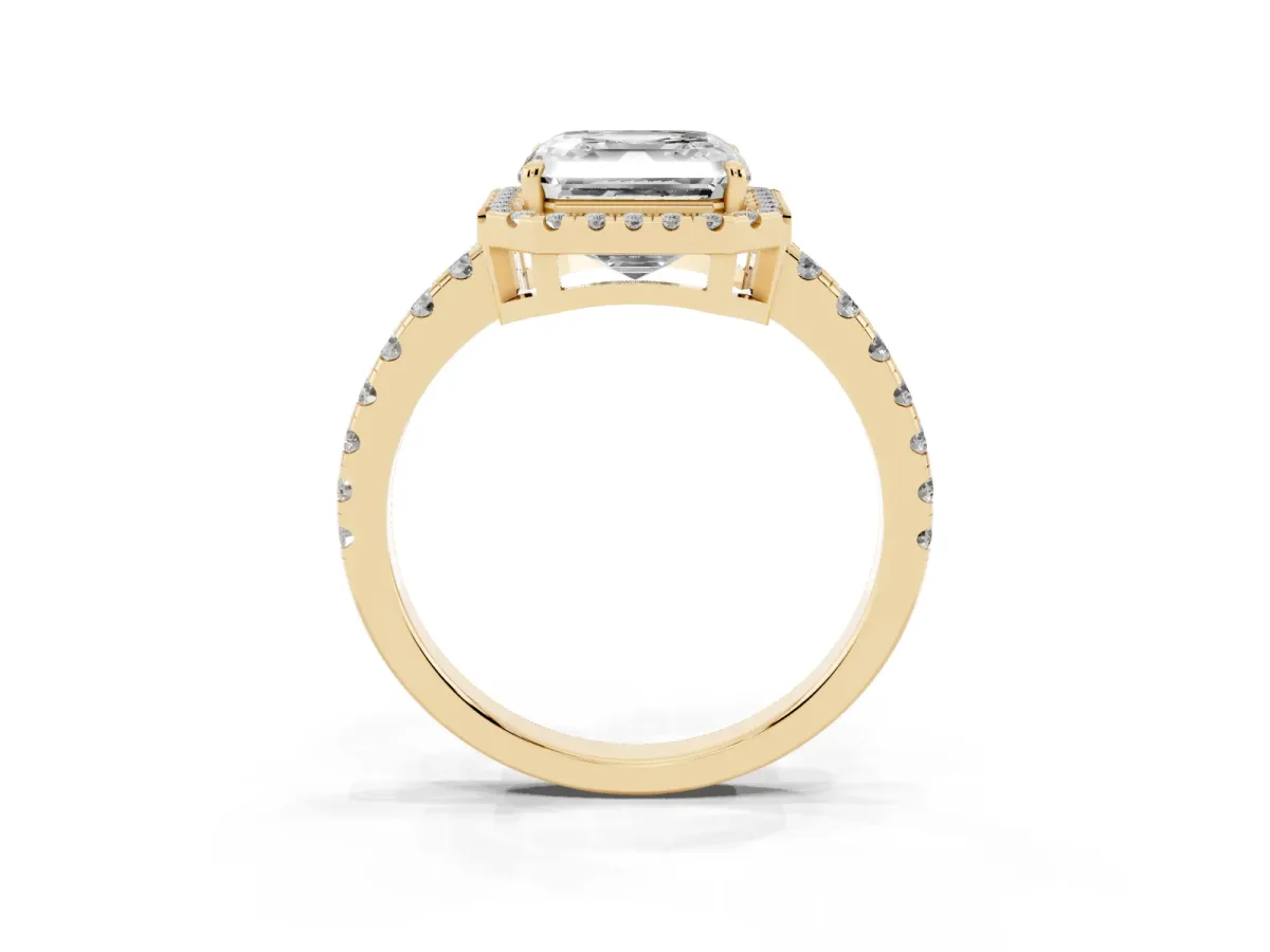 Asscher Cut Diamond Halo Ring with Pavé Band and Four-Prong Setting Yellow gold