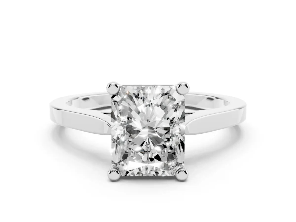 Radiant Cut Solitaire Diamond Ring with Four-Prong Setting and Tapered Band White gold