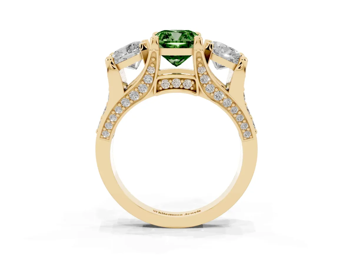 Fancy Green Cushion Cut Diamond Three-Stone Ring with Channel Set Band and Four-Prong Setting Yellow gold