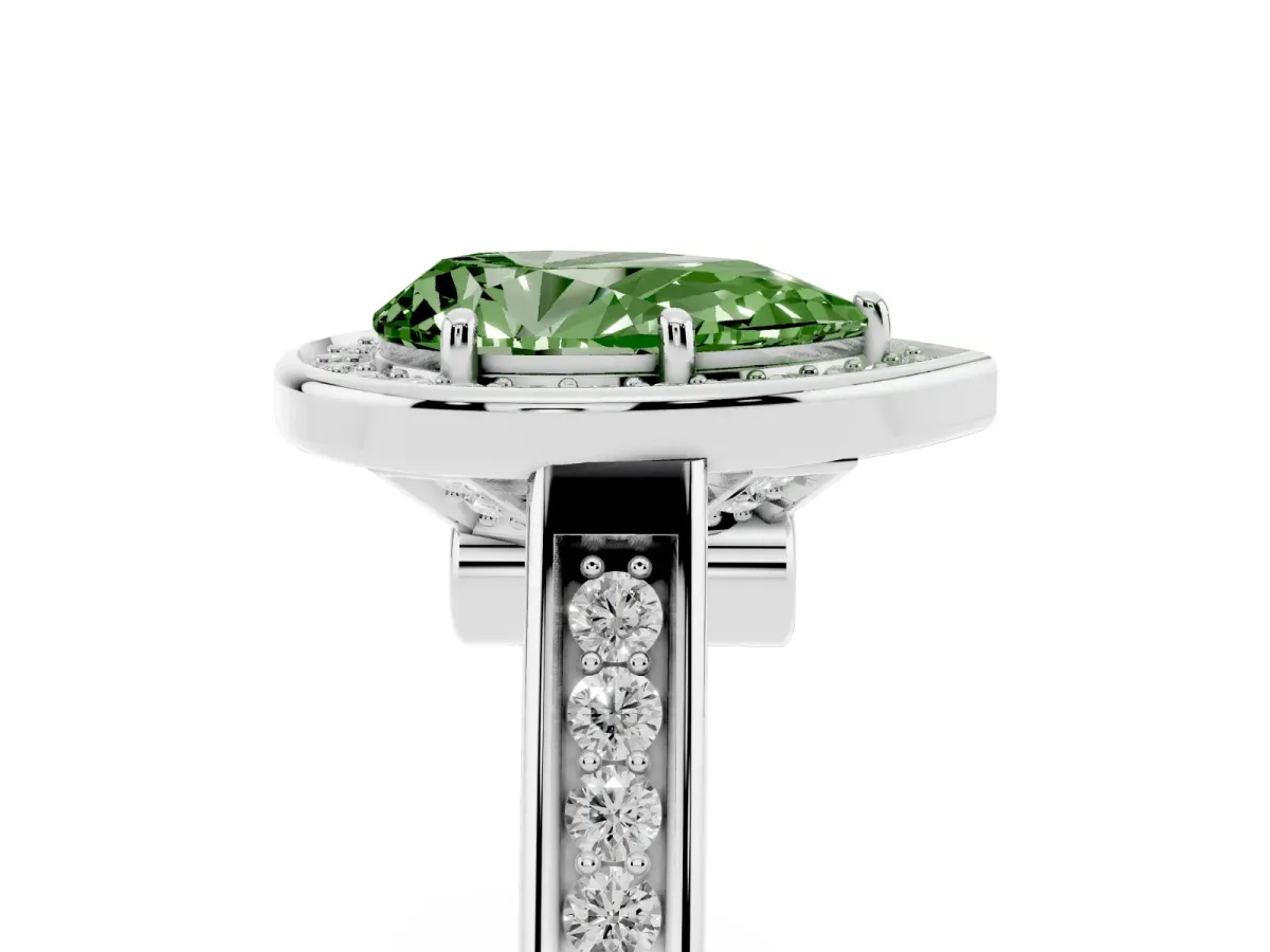 Fancy Green Pear Cut Halo Solitaire Diamond Ring with Pave Band and Bezel Setting Silver