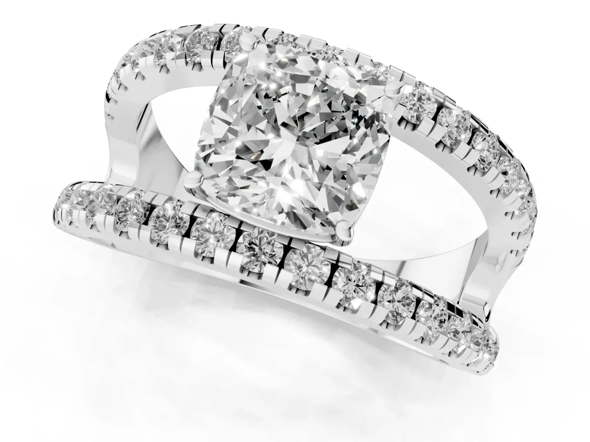 Cushion Cut Solitaire Split Shank Pave Diamond Ring Platinum