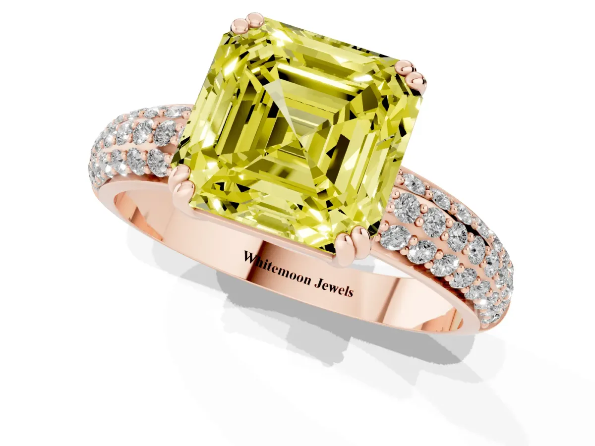 Fancy Yellow Asscher Cut Diamond Solitaire Ring with Multi-Row Round Pavé Band and Prong Setting Rose gold